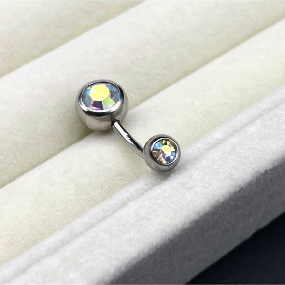 316L Stainless Steel with Iridescent AB Cubic Zirconia 14G Barbell Belly Ring - Picture 5 of 7